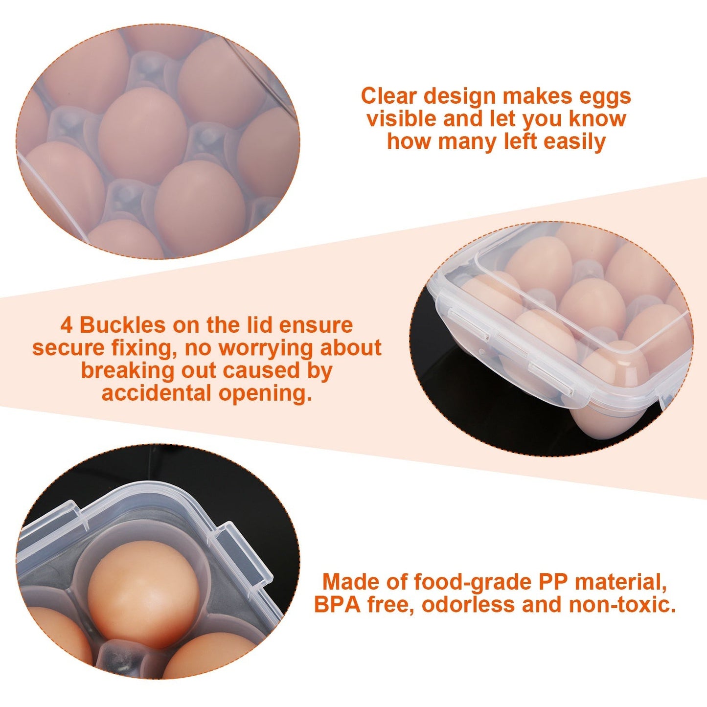 Clear egg holder with secured lid clips and hinged container for safe storage