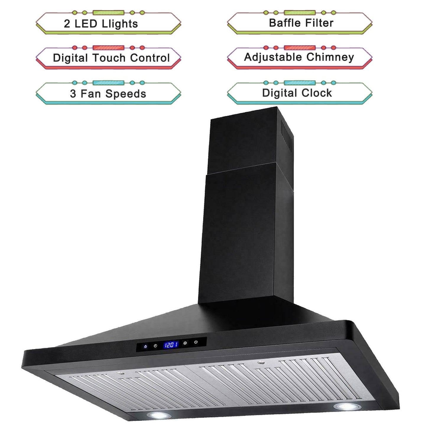Black wall mount range hood showing chimney, control panel, and stainless filter area