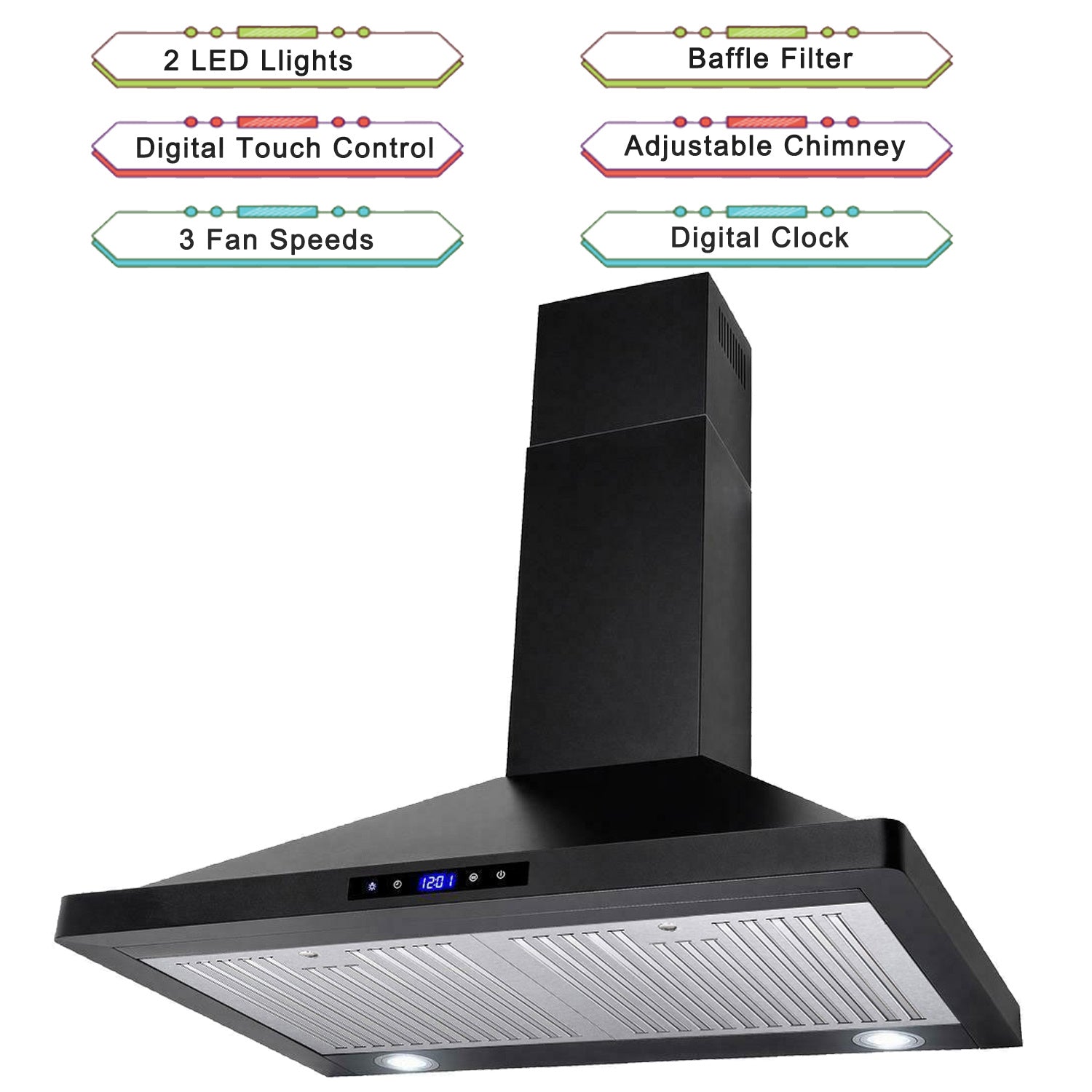 Black wall mount range hood showing chimney, control panel, and stainless filter area