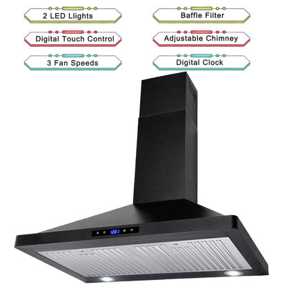 Black wall mount range hood showing chimney, control panel, and stainless filter area