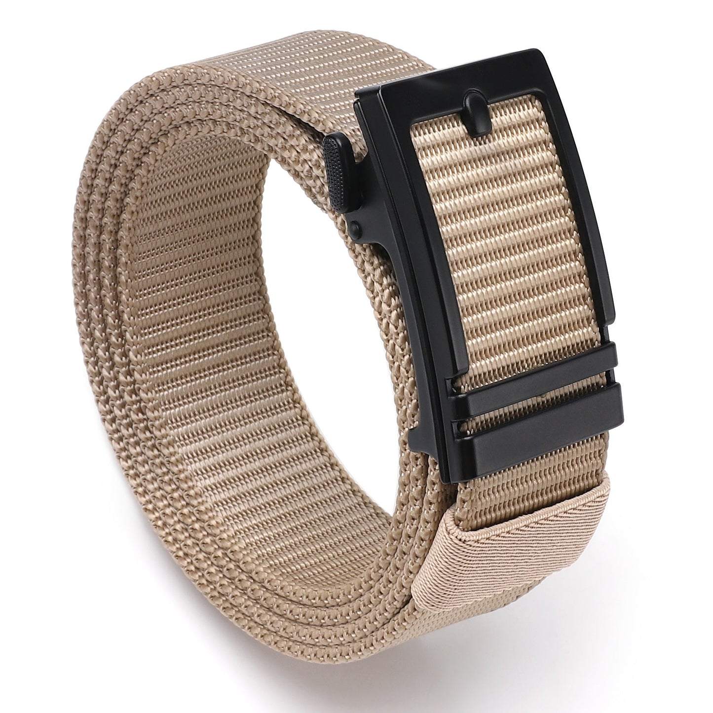 Tan nylon belt with black ratchet buckle, textured grip section