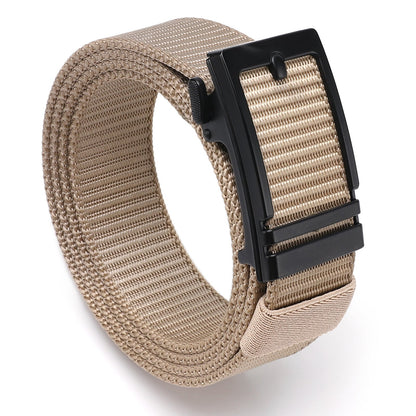 Tan nylon belt with black ratchet buckle, textured grip section