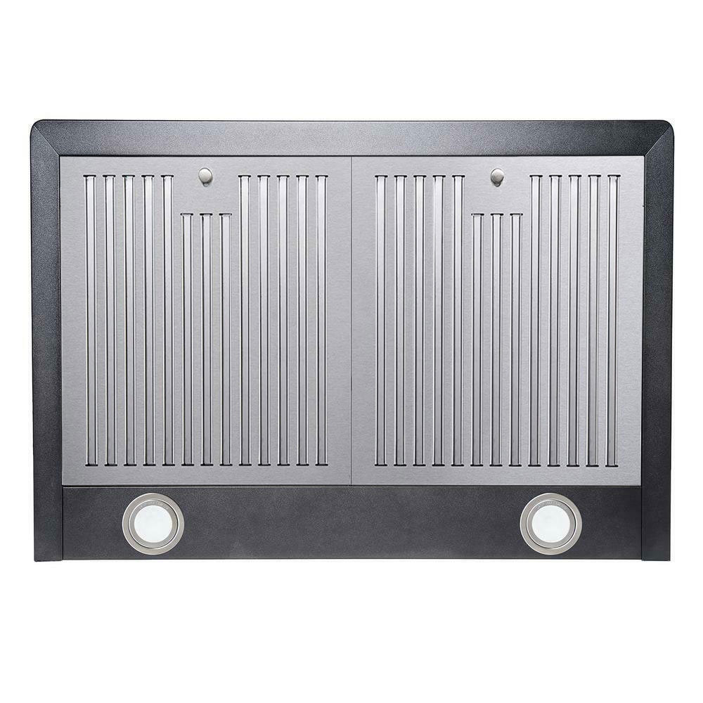 Wall mount range hood, gray metal with vent slats and two round control buttons.