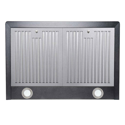 Wall mount range hood, gray metal with vent slats and two round control buttons.