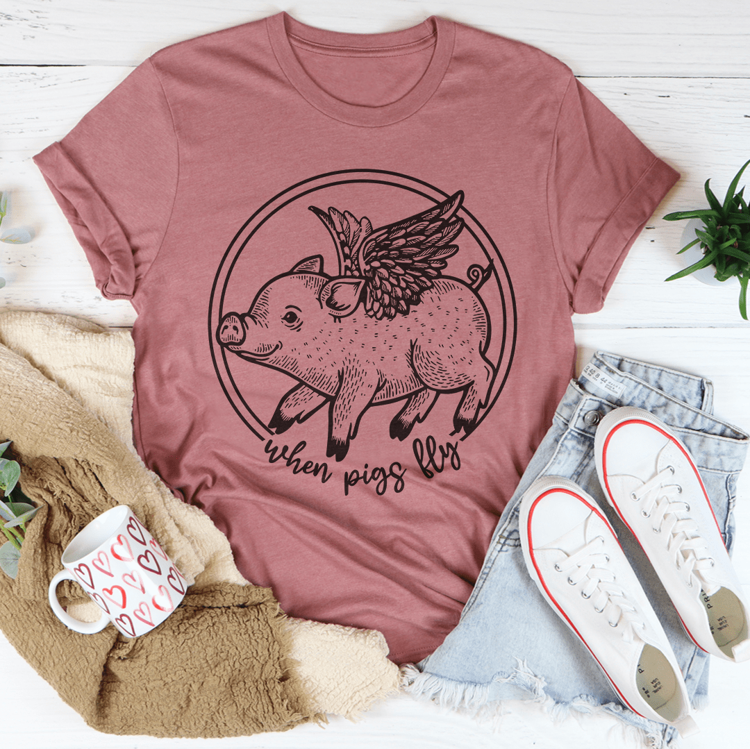 Rose mauve crewneck T-shirt with black pig and wing graphic in circle logo