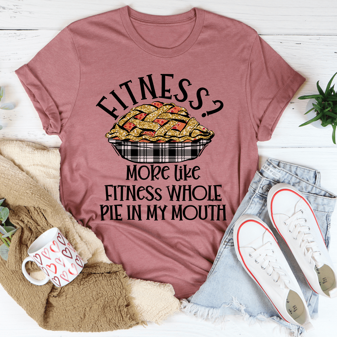 Mauve crewneck T-shirt with pie graphic and fitness slogan printed across the front