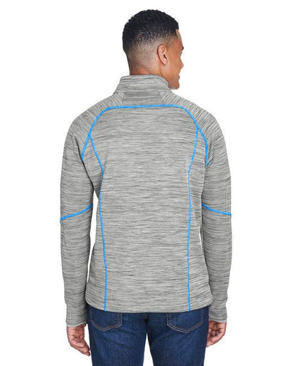 Men's heather gray fleece jacket with blue piping and full-zip, back view