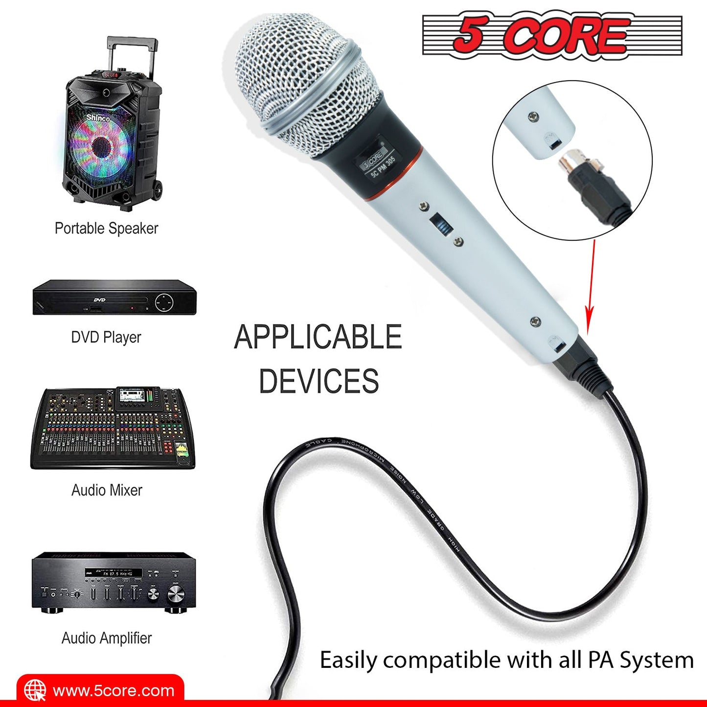 Light blue handheld wired dynamic microphone with attached black cable cord.