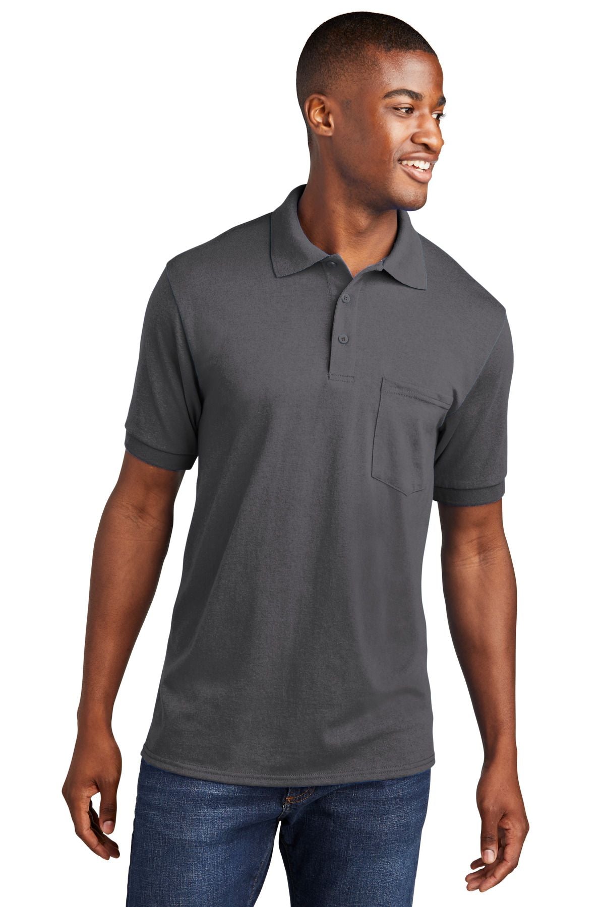 Core blend jersey knit pocket polo, dark gray, short sleeves with collared neckline