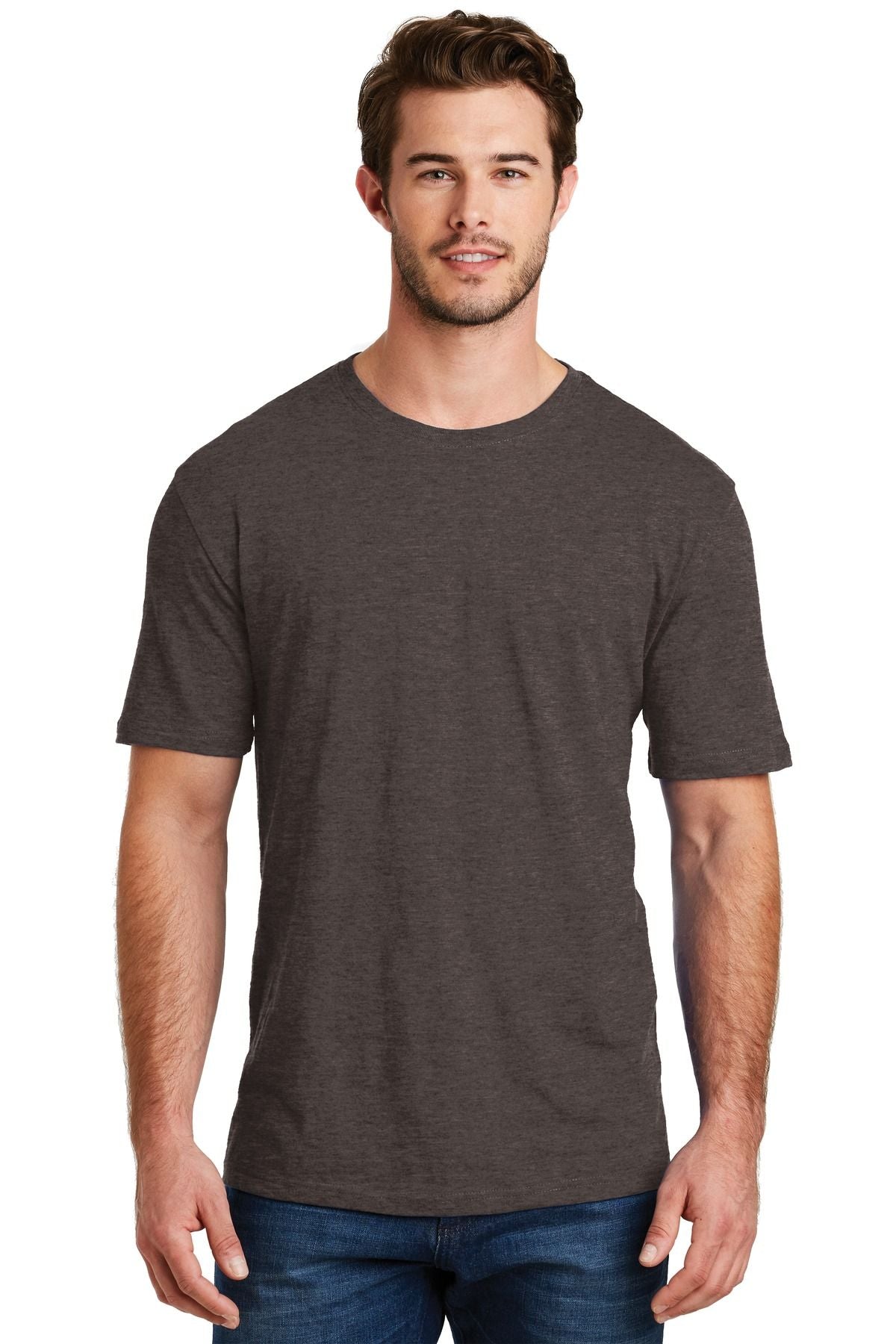 Heathered dark gray crewneck CVC tee with short sleeves