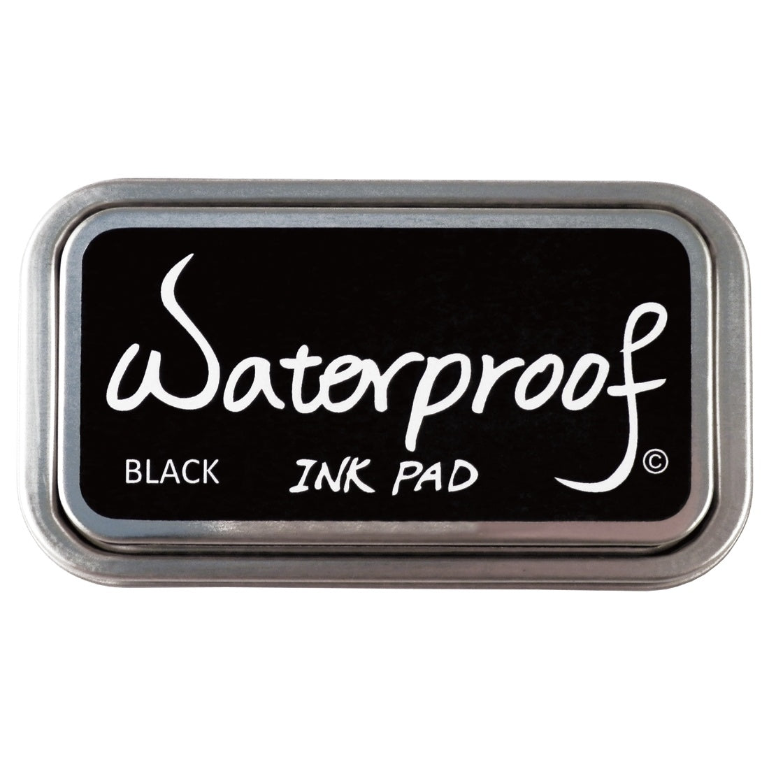 Black waterproof ink pad in gray metal case
