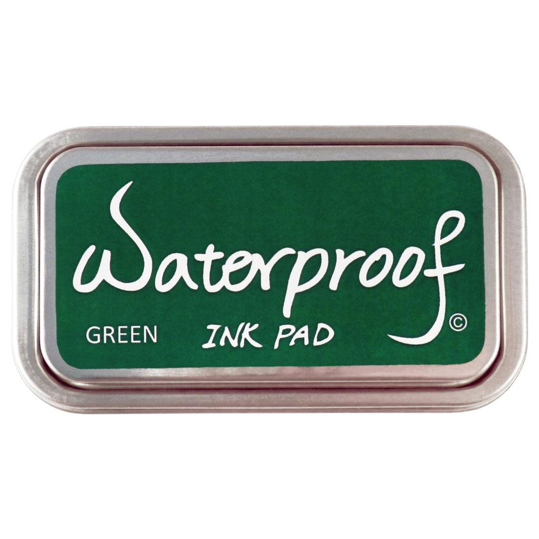 Green waterproof ink pad in gray metal case