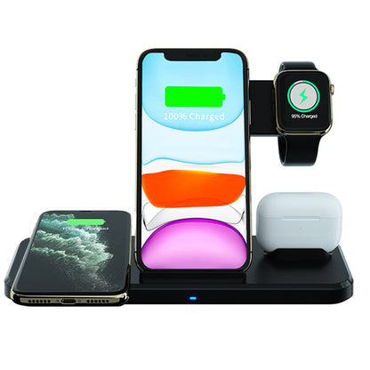 Black 4-in-1 wireless charging dock with phone, watch, and earbuds seated on base