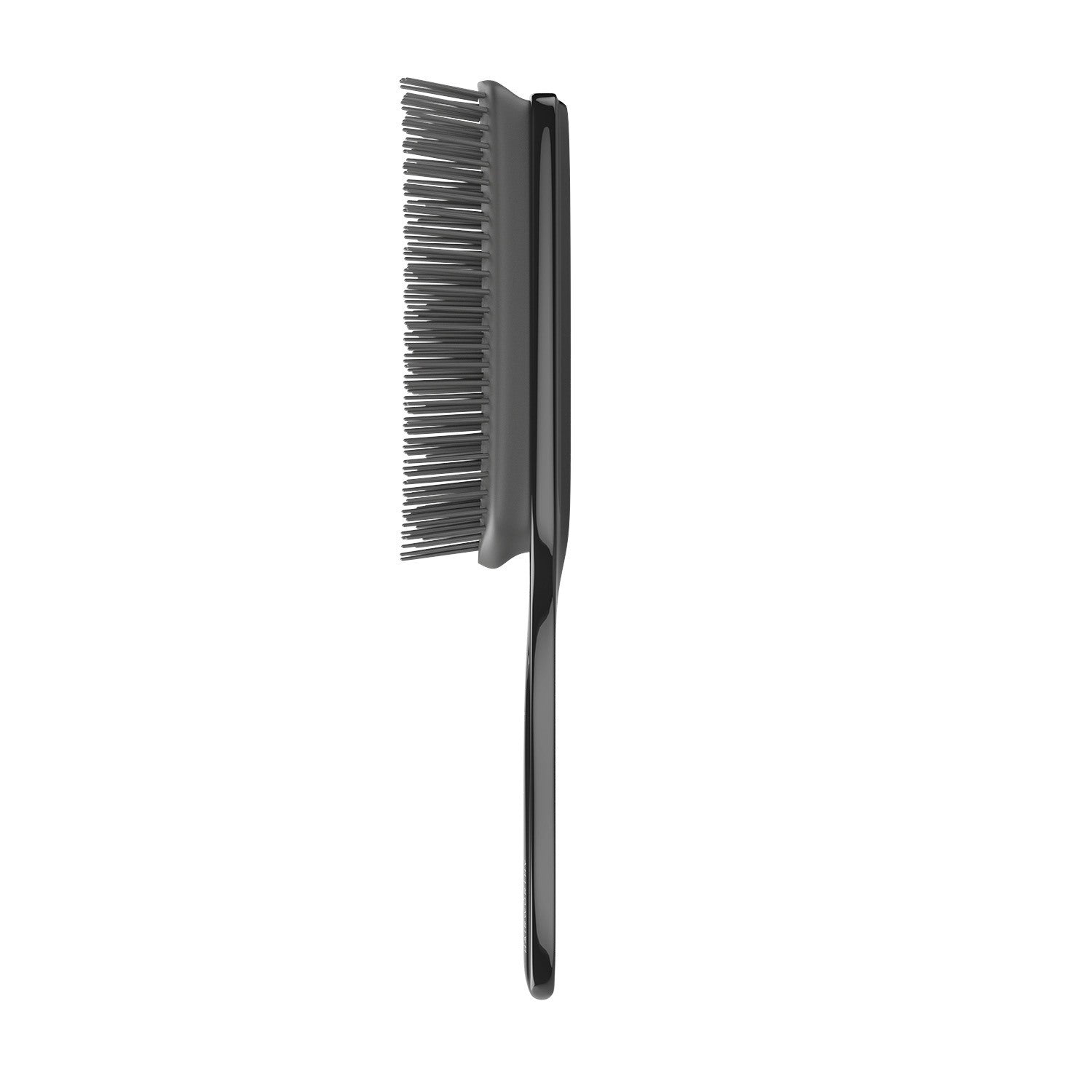 Black styling brush with pin bristles and slim, curved handle