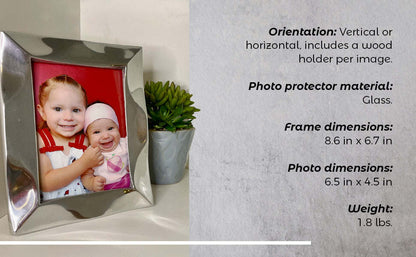 Silver tabletop picture frame with photo insert and vertical easel support