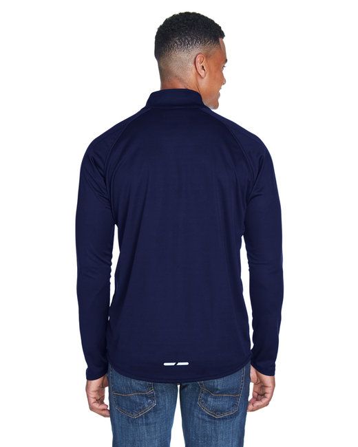 Men's navy quarter-zip performance top, back view with white zipper pull