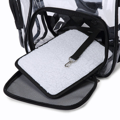 Front mesh panel with white padded liner inside transparent pet carrier