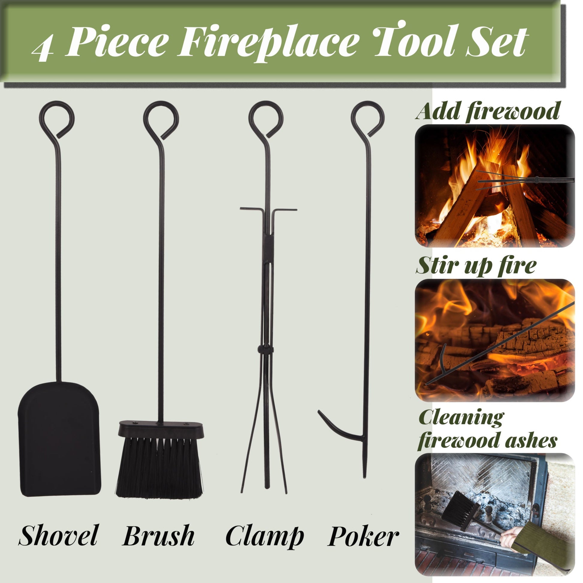Fireplace tool set with shovel, brush, clamp, and poker