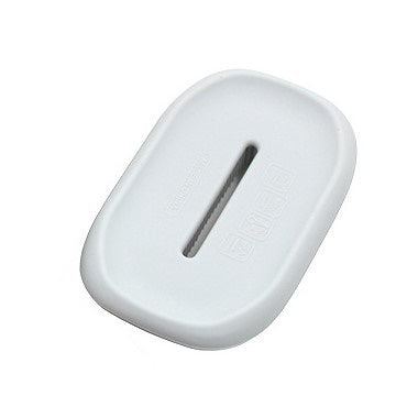 Silicone soap dish with oval shape and drainage slot, light blue-gray color.