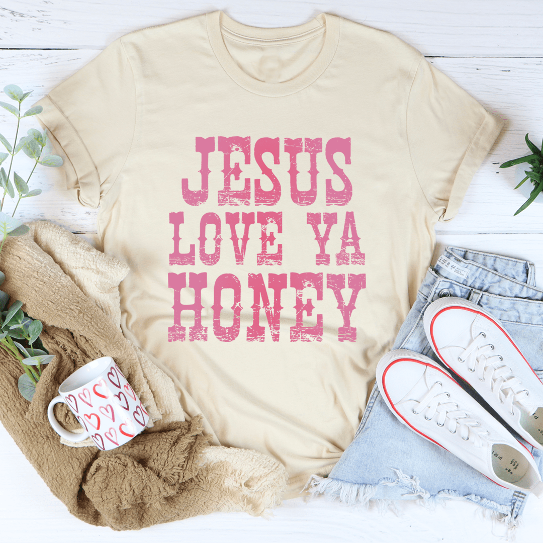 Cream crewneck T-shirt with pink 'JESUS LOVE YA HONEY' graphic