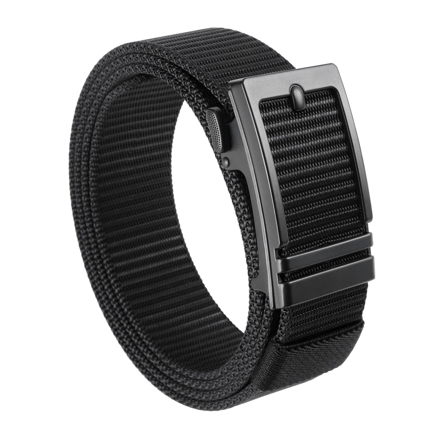 Black nylon ratchet belt with gunmetal buckle, adjustable web strap close-up