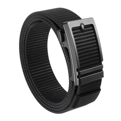 Black nylon ratchet belt with gunmetal buckle, adjustable web strap close-up
