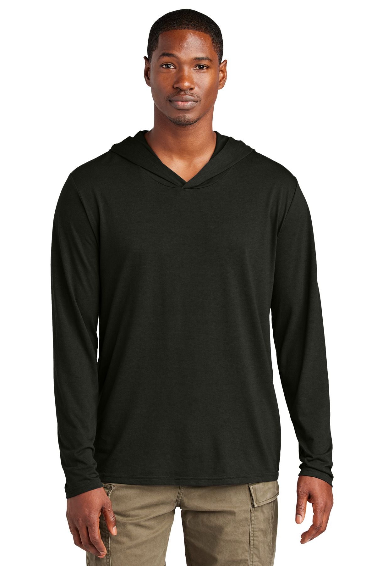 Black long sleeve hoodie with front hood and kangaroo pocket