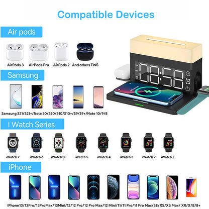 Multi-device wireless charging station with digital clock display and phone charging pad