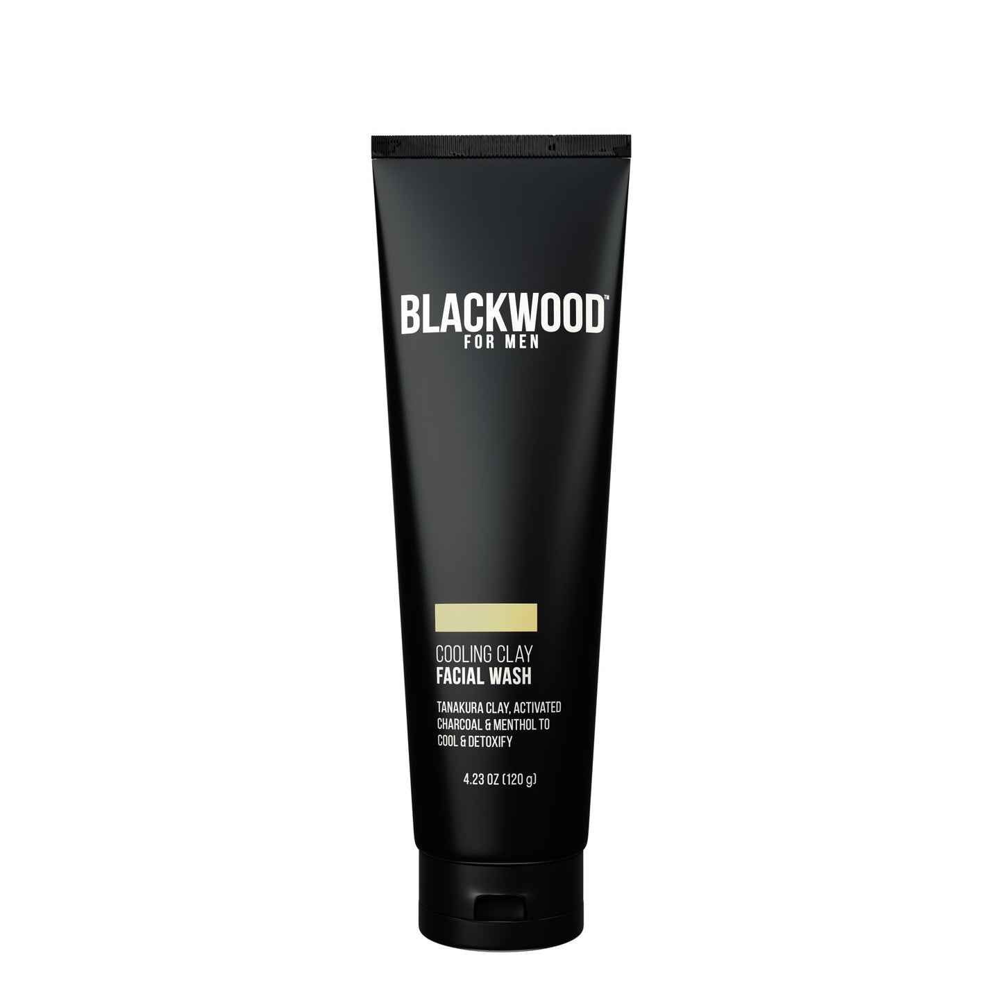 Cooling clay facial wash by BLACKWOOD FOR MEN, front tube with gold stripe