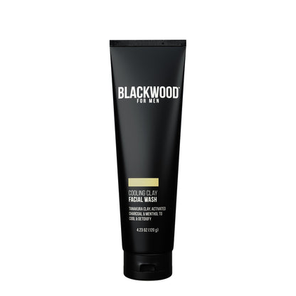 Cooling clay facial wash by BLACKWOOD FOR MEN, front tube with gold stripe