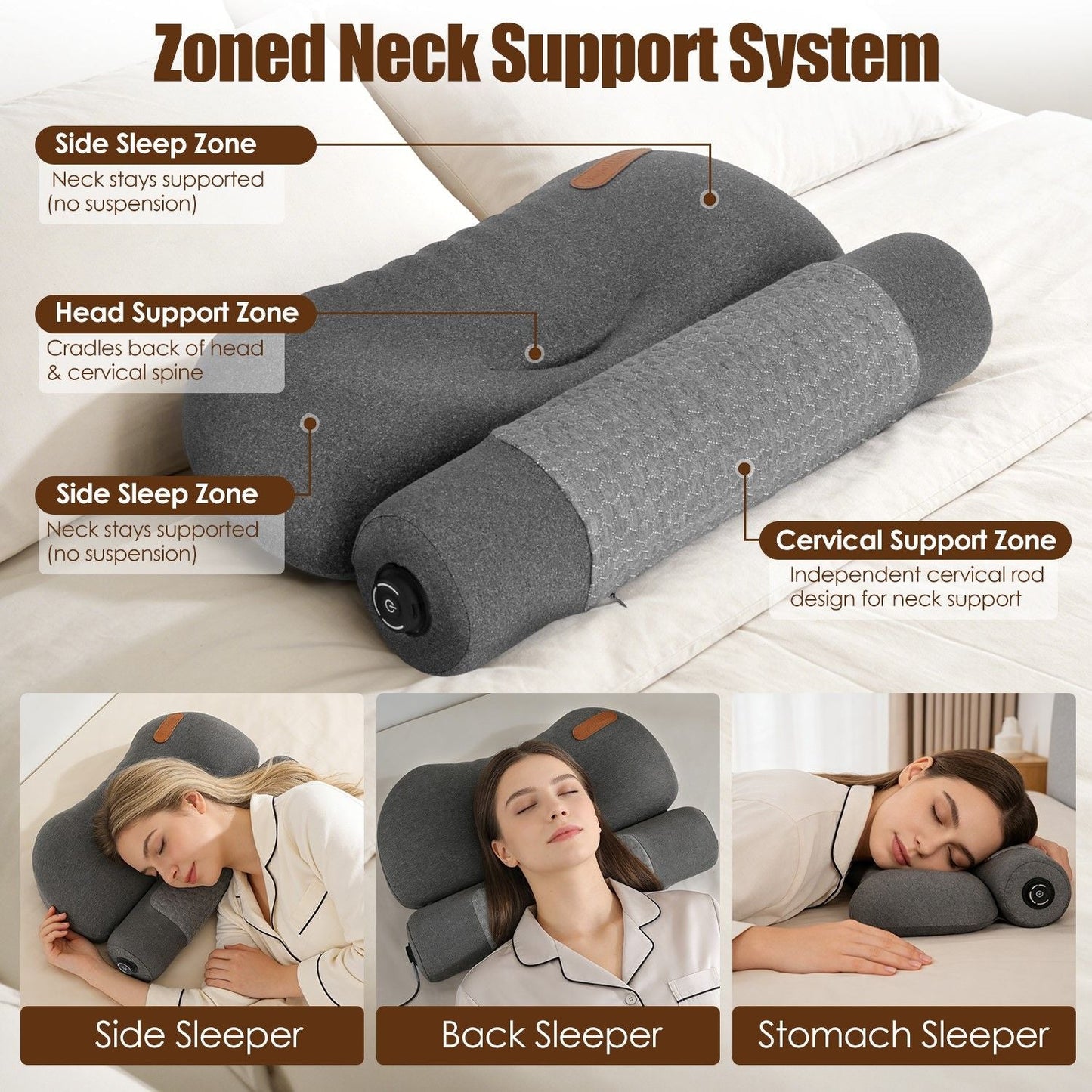 Dark grey ergonomic neck pillow with support zones and orange comfort tab