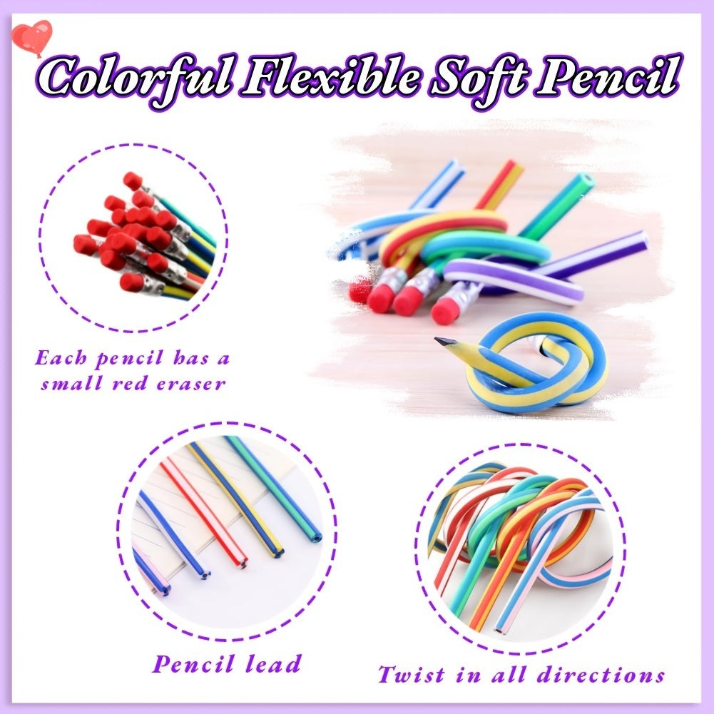 Colorful flexible soft pencils with red erasers in curled loop shapes