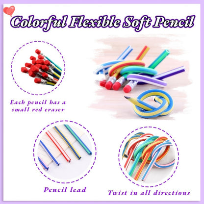 Colorful flexible soft pencils with red erasers in curled loop shapes