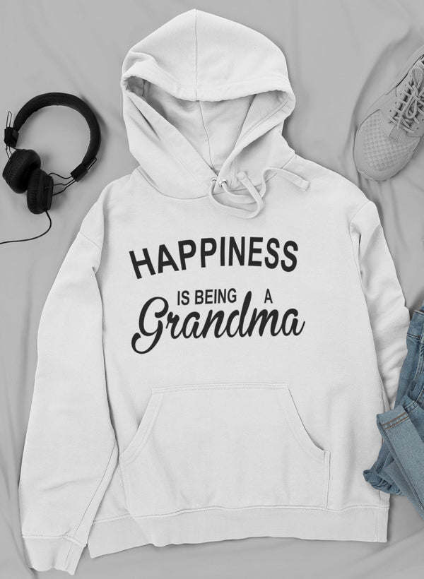 White grandma hoodie with hood, kangaroo pocket, and “Happiness is being a Grandma” print