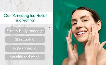 Body massage ice roller pressed to cheek with silver roller head