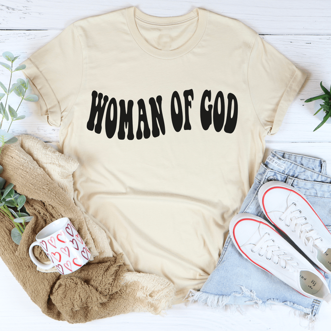Cream crewneck T-shirt with centered black “Woman of God” print