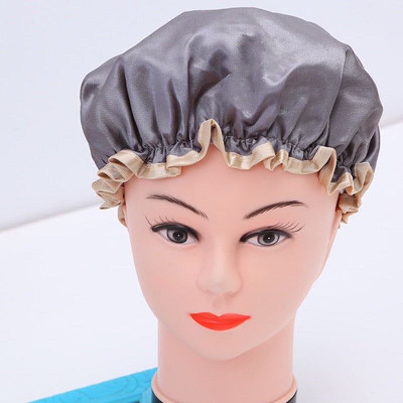 Gray satin shower cap with gathered elastic ruffle edge