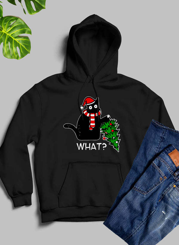 Black pullover hoodie with cat-and-Christmas-tree graphic and centered 'WHAT?' print
