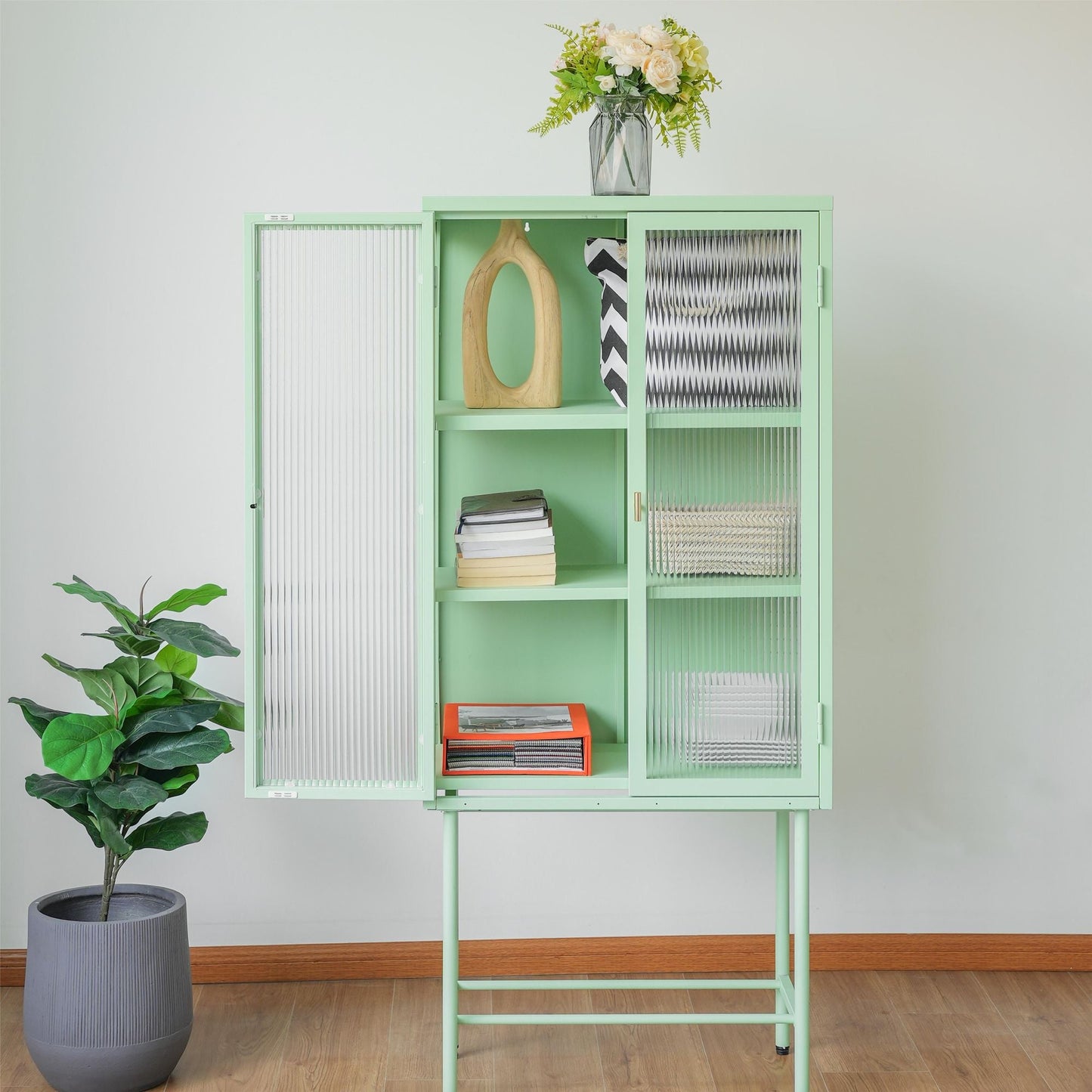 Modern Solid Color Matte Glass Storage Cabinet with Adjustable Shelves