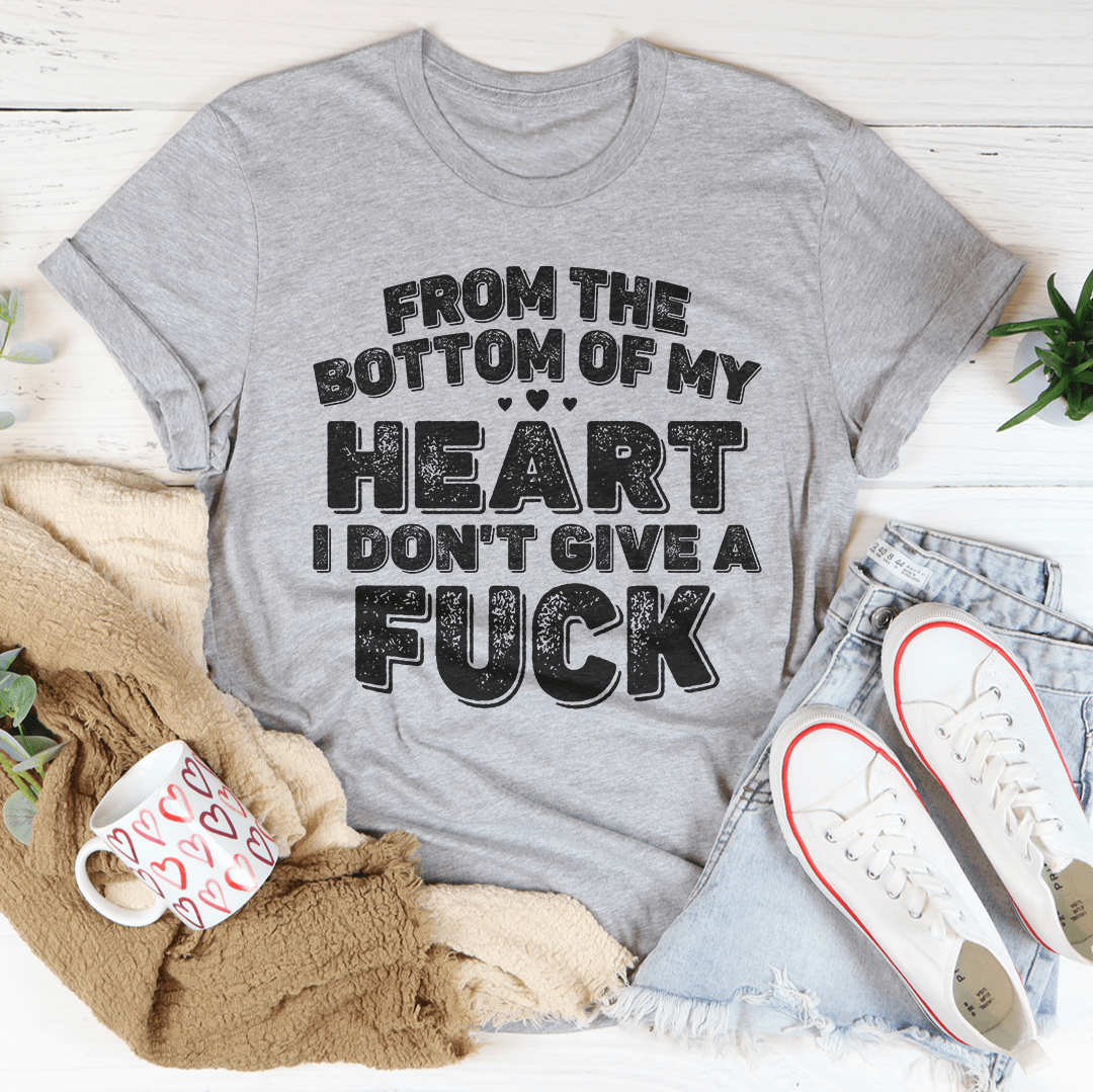 Heather gray T-shirt with bold heart slogan graphic in black and white
