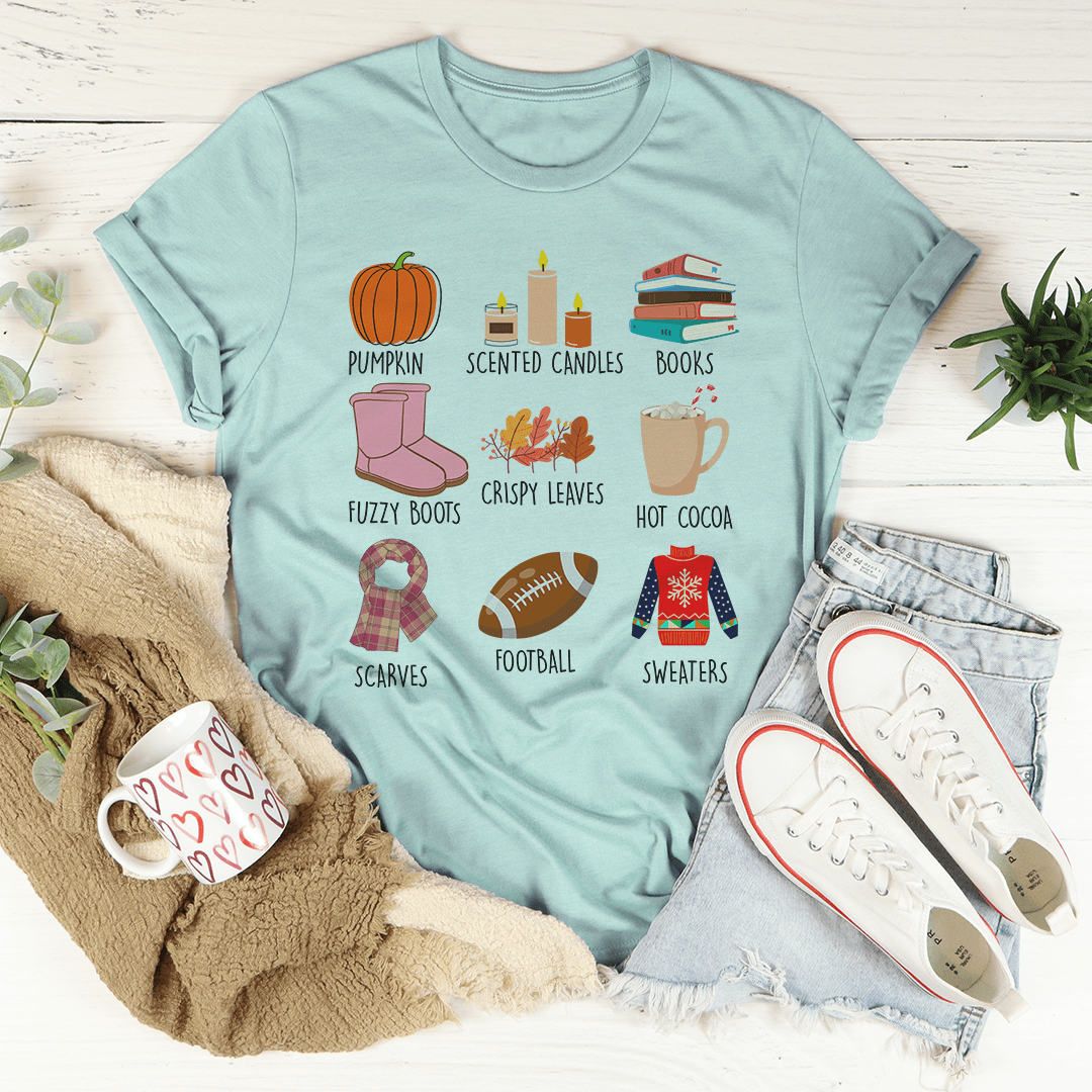 Teal fall graphic T-shirt with crew neck, short sleeves, and pumpkin-themed icons