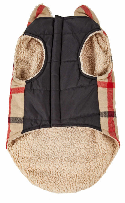 Insulated dog coat with black quilted body, sherpa lining, and red/black plaid sleeves