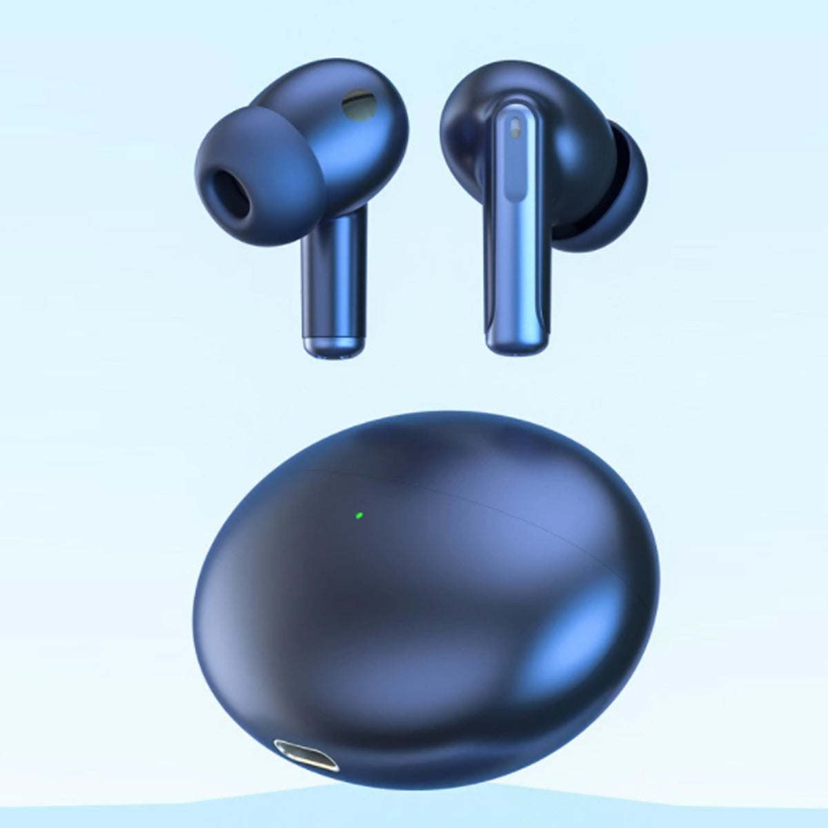 Royal blue wireless earbuds with a round charging case shown
