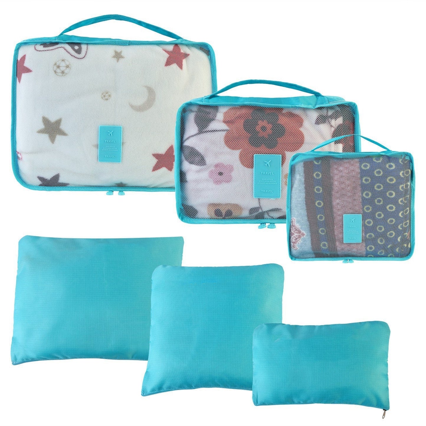 Turquoise packing cubes organizer set with zip closures and assorted prints