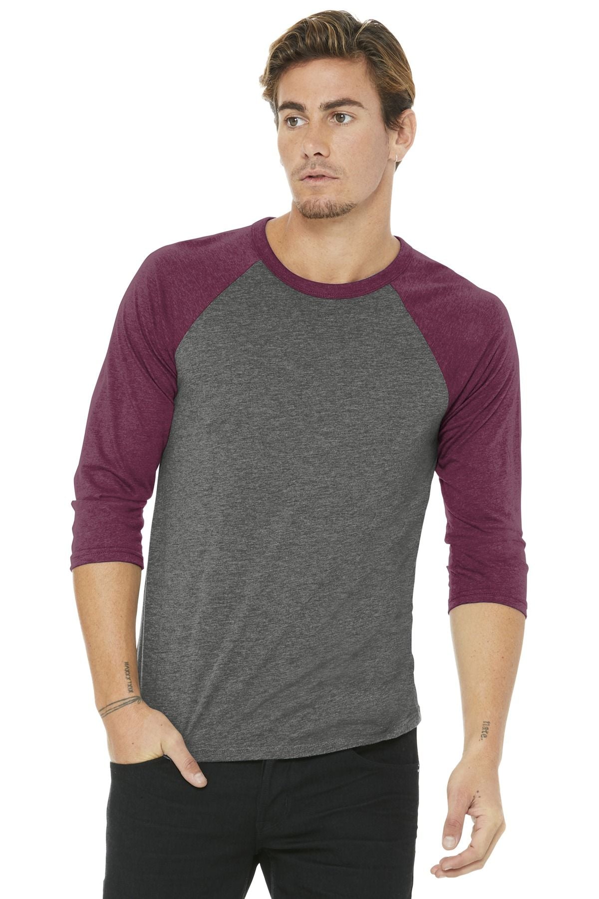 Unisex baseball raglan 3/4-sleeve T-shirt, burgundy sleeves with gray body