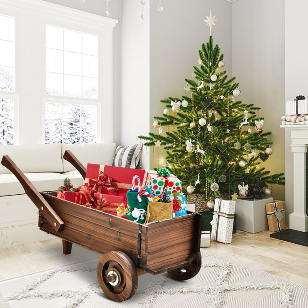 Wooden Wagon Planter Box with Wheels Handles and Drainage Hole
