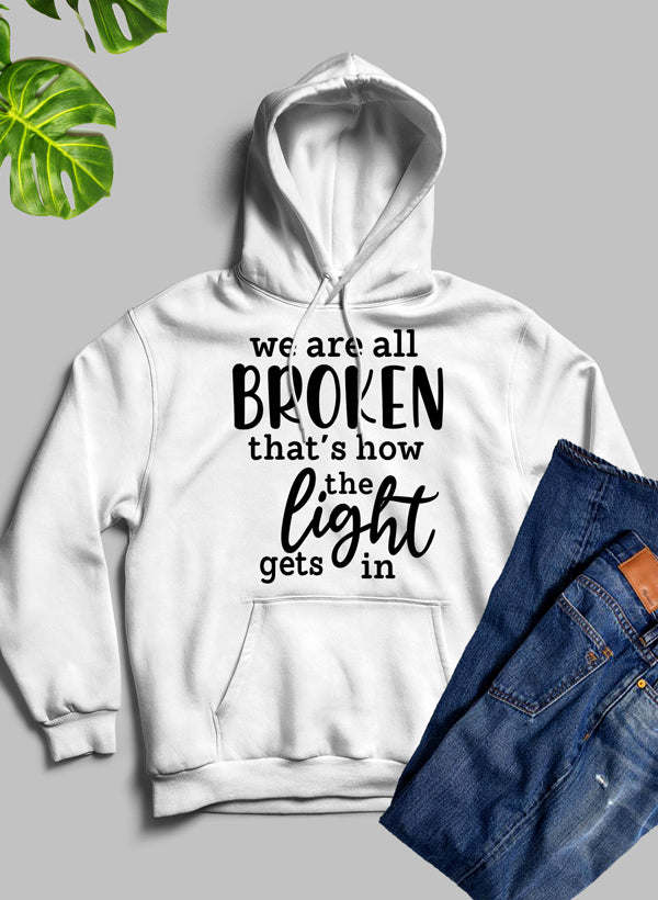 White pullover hoodie with front graphic text and kangaroo pocket
