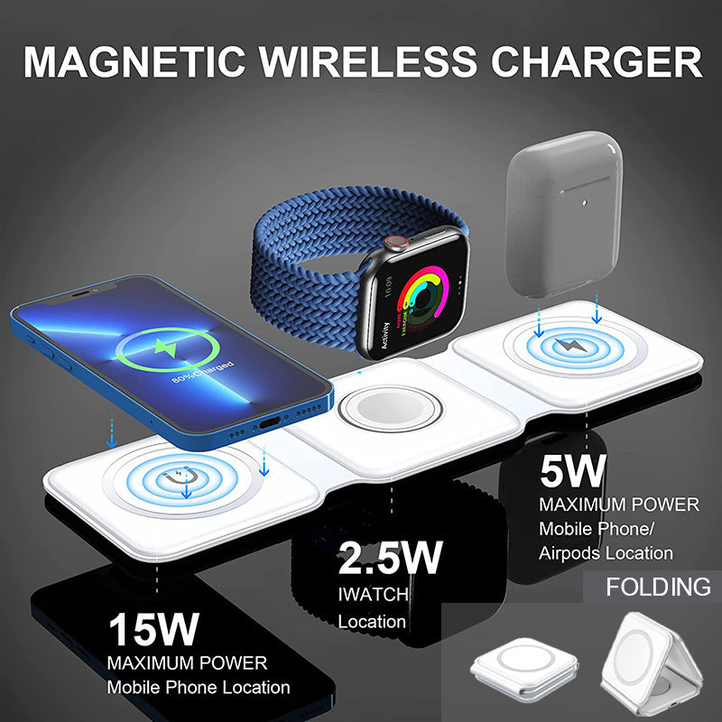 White 3-in-1 foldable magnetic wireless charger with circular pads for phone, watch, earbuds