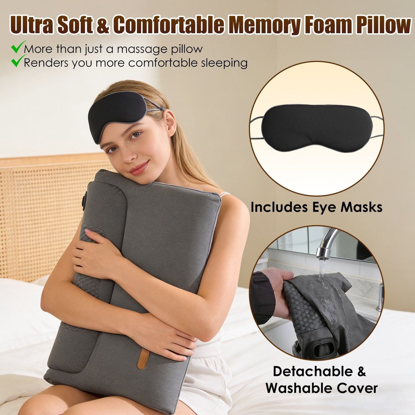 Dark gray memory foam neck massager pillow with eye masks and removable washable cover