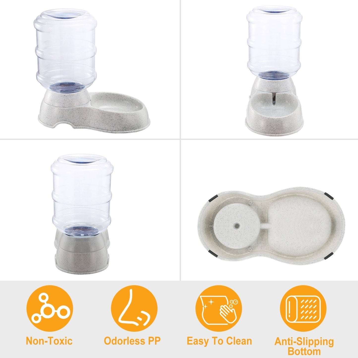 Pet water dispenser multi-view: clear barrel with speckled gray base and bowl